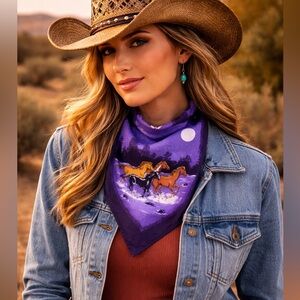 Vintage Western Horses Scenic Bandana Purple Moon Night 50/50 Poly Cotton USA